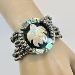 Turtle Bracelet, Abalone, Sea Shell, Glass Beads, Multi-Strand Beaded,  Vintage